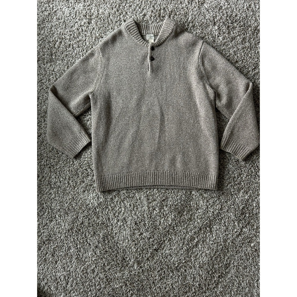 LL Bean Ragg Wool Henley Sweater Knit Pullover XXL  Beige Brown Mock Neck Preppy